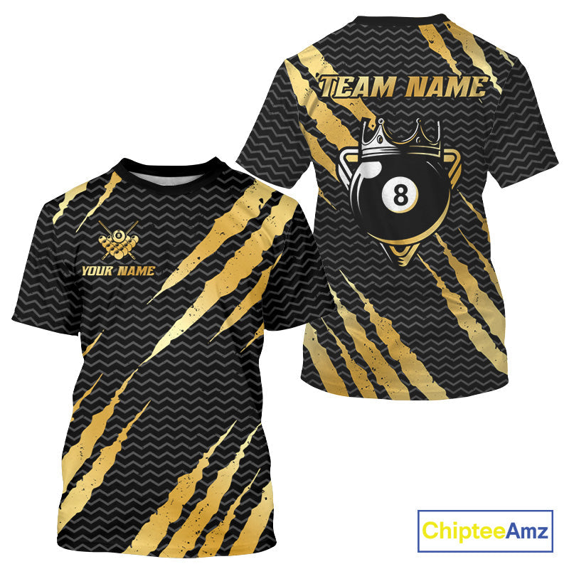 Black And Gold Scratch Billiard T-Shirts Custom 8 Ball Crown Pool Team Jersey