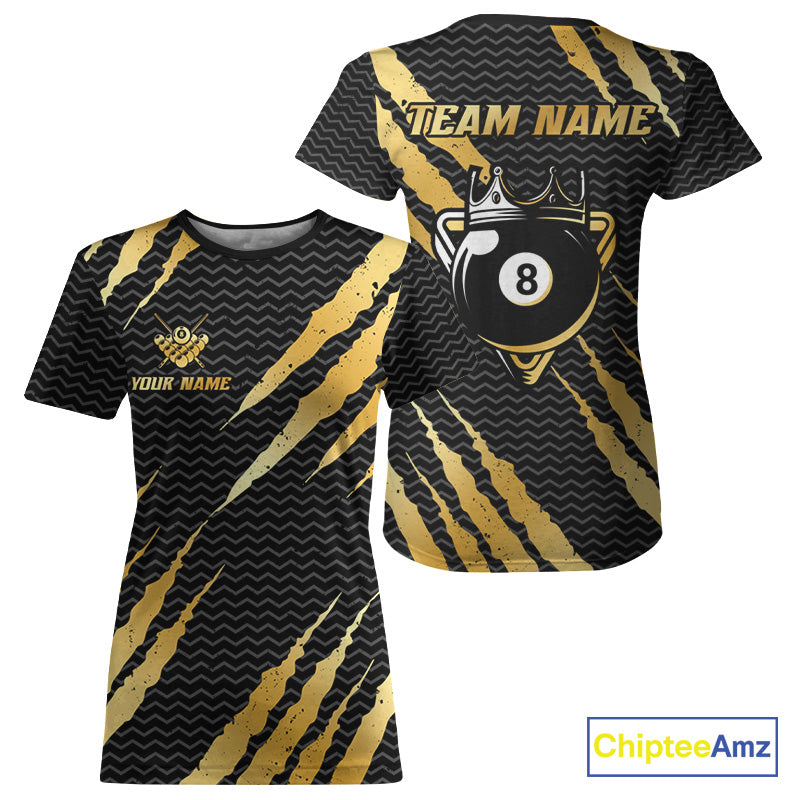 Black And Gold Scratch Billiard T-Shirts Custom 8 Ball Crown Pool Team Jersey
