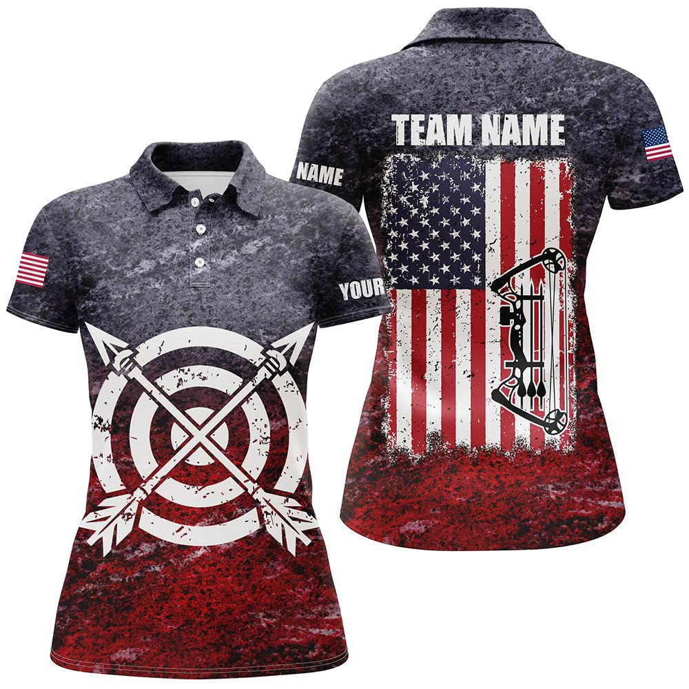 Personalized Retro USA Flag Archery Polo Shirts, Patriotic US Archery Jerseys For Team Archer