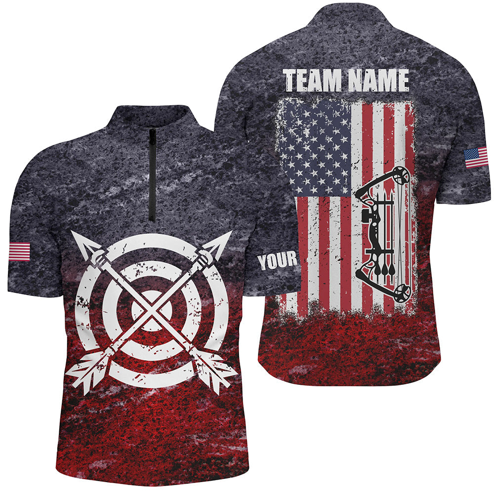 Personalized Retro USA Flag Archery Quarter-Zip Shirts, Patriotic US Archery Jerseys