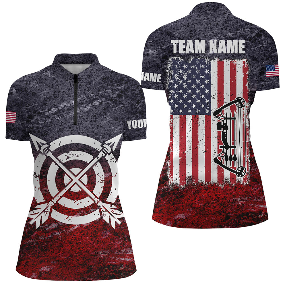 Personalized Retro USA Flag Archery Quarter-Zip Shirts, Patriotic US Archery Jerseys