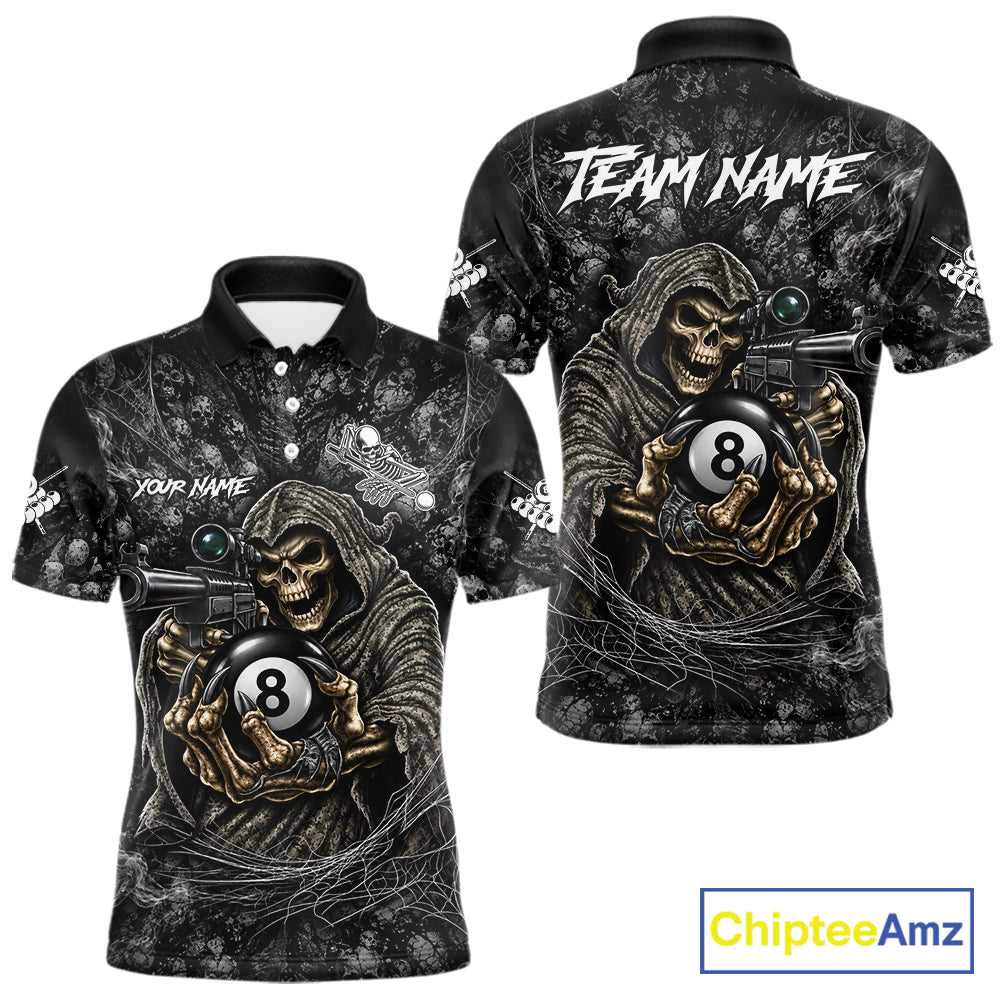Custom Camo Grim Reaper Billiard Shirts, 8 Ball Pool Team Jersey Polo & Quarter Zip