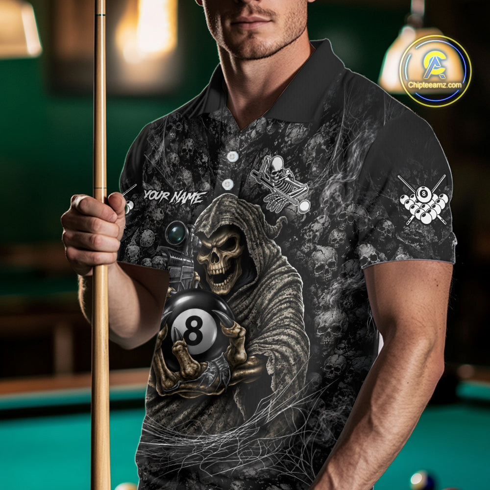 Custom Camo Grim Reaper Billiard Shirts, 8 Ball Pool Team Jersey Polo & Quarter Zip