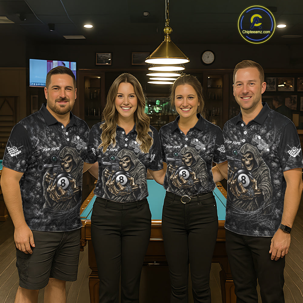 Custom Camo Grim Reaper Billiard Shirts, 8 Ball Pool Team Jersey Polo & Quarter Zip