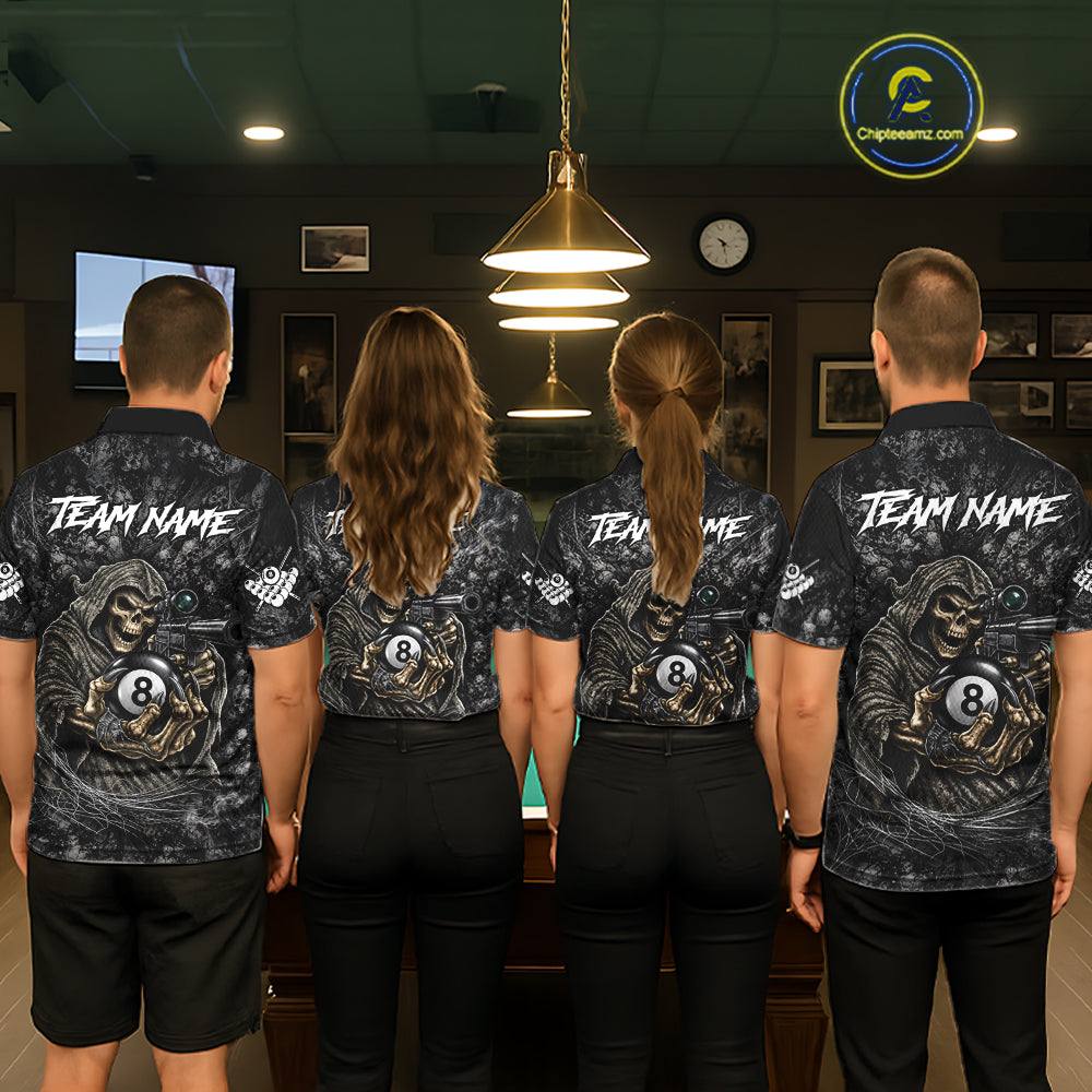 Custom Camo Grim Reaper Billiard Shirts, 8 Ball Pool Team Jersey Polo & Quarter Zip