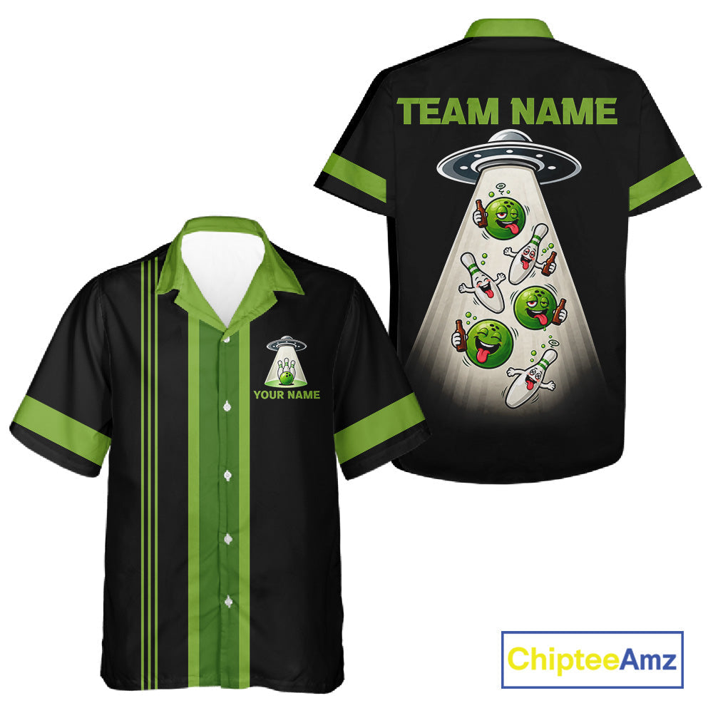 Black And Green Funny Drunk Alien Retro Bowling Hawaiian Shirt, Custom Bowling Team Button Up Shirt