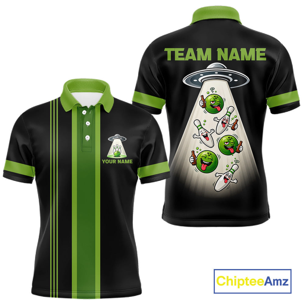 Black And Green Funny Drunk Alien Bowling Shirts Custom Retro Bowling Team Jersey