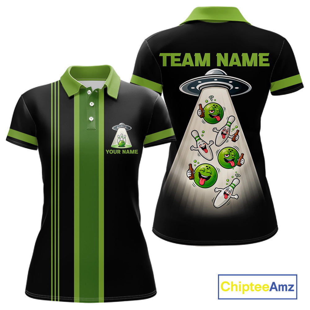 Black And Green Funny Drunk Alien Bowling Shirts Custom Retro Bowling Team Jersey