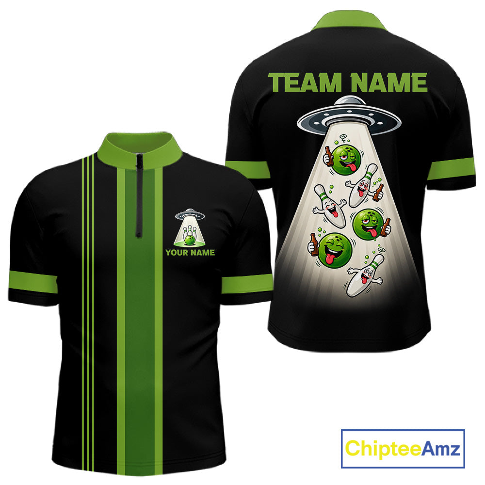 Black And Green Funny Drunk Alien Bowling Shirts Custom Retro Bowling Team Jersey