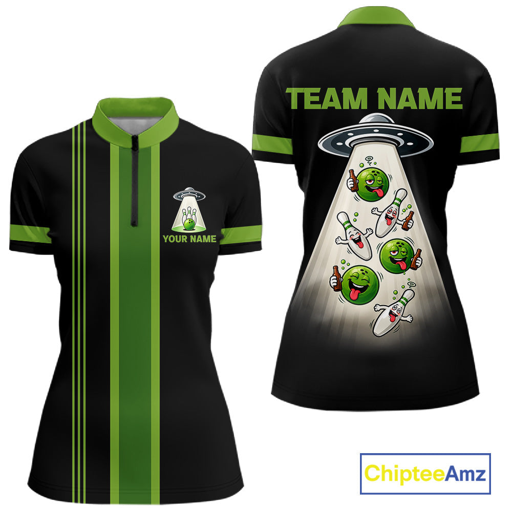 Black And Green Funny Drunk Alien Bowling Shirts Custom Retro Bowling Team Jersey