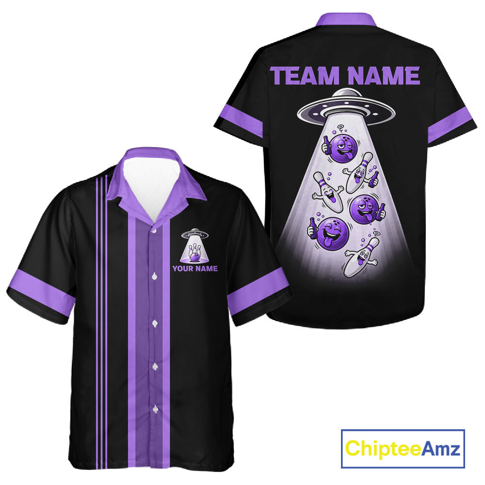 Black And Purple Funny Drunk Alien Retro Bowling Hawaiian Shirt, Custom Bowling Team Button Up Shirt