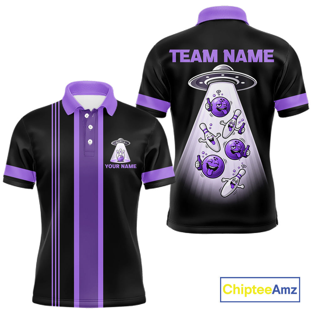Black And Purple Funny Drunk Alien Bowling Shirts Custom Retro Bowling Team Jersey