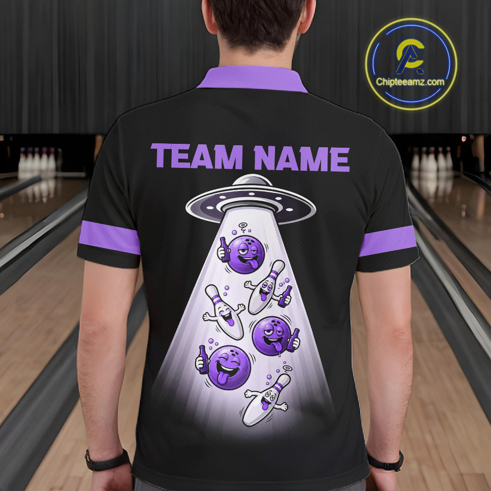 Black And Purple Funny Drunk Alien Bowling Shirts Custom Retro Bowling Team Jersey