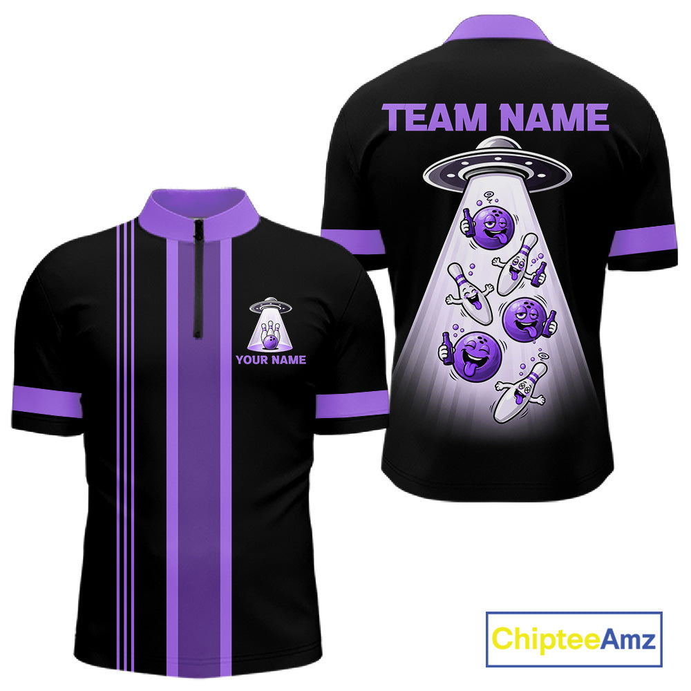 Black And Purple Funny Drunk Alien Bowling Shirts Custom Retro Bowling Team Jersey
