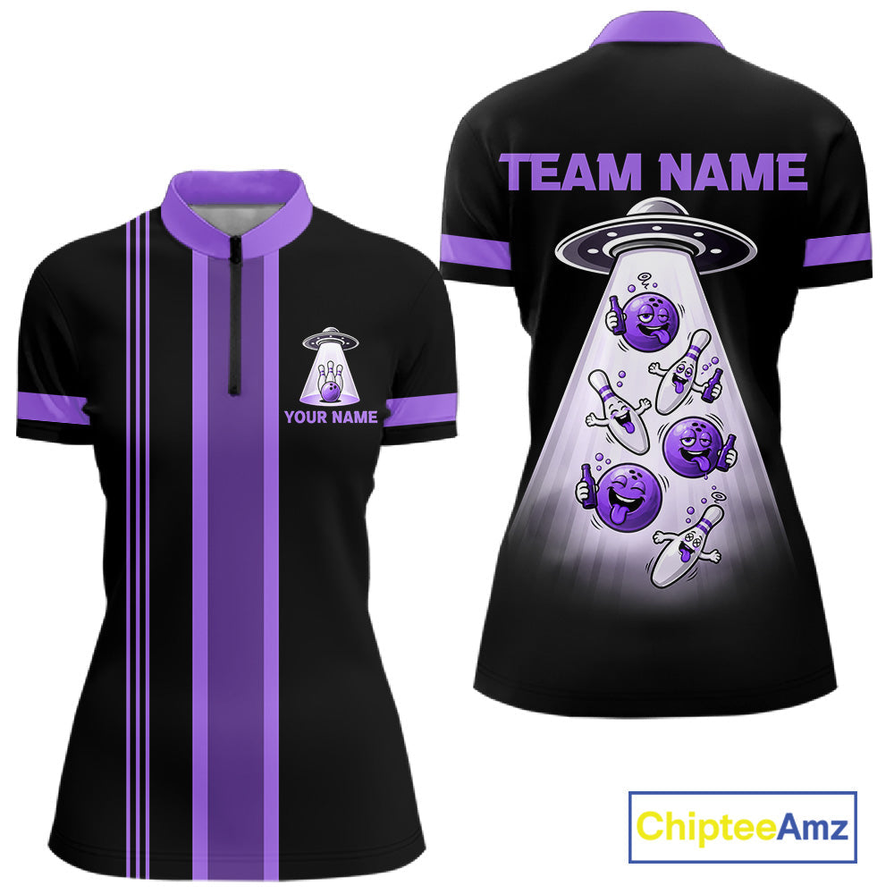 Black And Purple Funny Drunk Alien Bowling Shirts Custom Retro Bowling Team Jersey