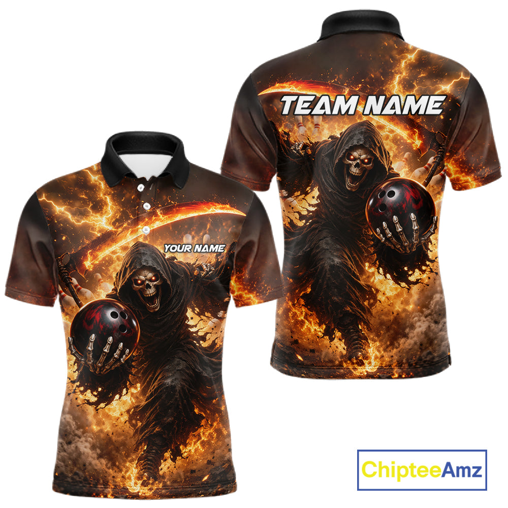 Orange Grim Reaper Fire Smoke Bowling Jersey Custom Bowling Team Shirt Polo & 1/4 Zip