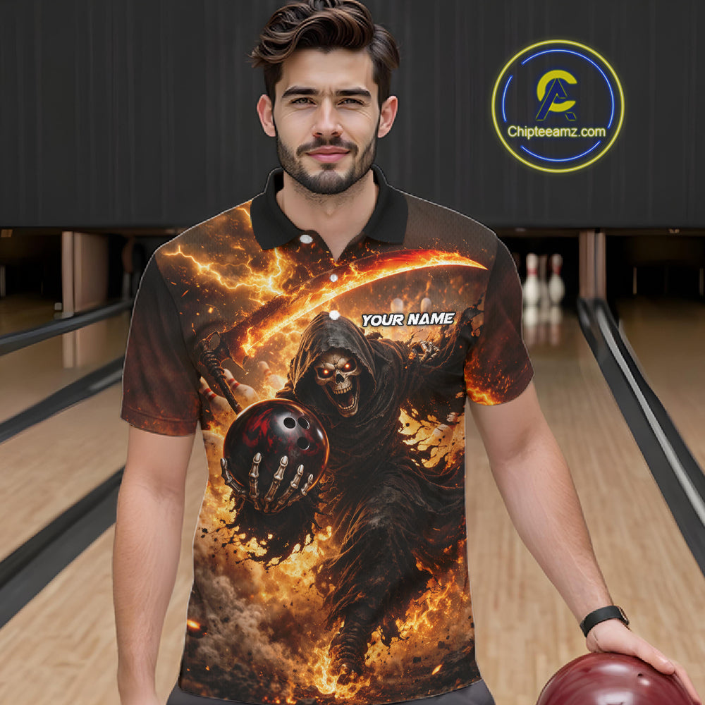 Orange Grim Reaper Fire Smoke Bowling Jersey Custom Bowling Team Shirt Polo & 1/4 Zip