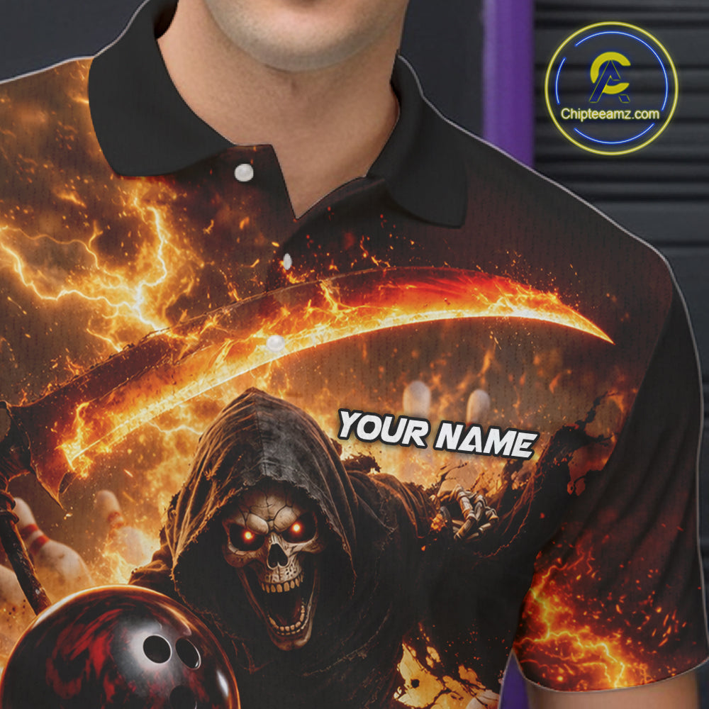 Orange Grim Reaper Fire Smoke Bowling Jersey Custom Bowling Team Shirt Polo & 1/4 Zip