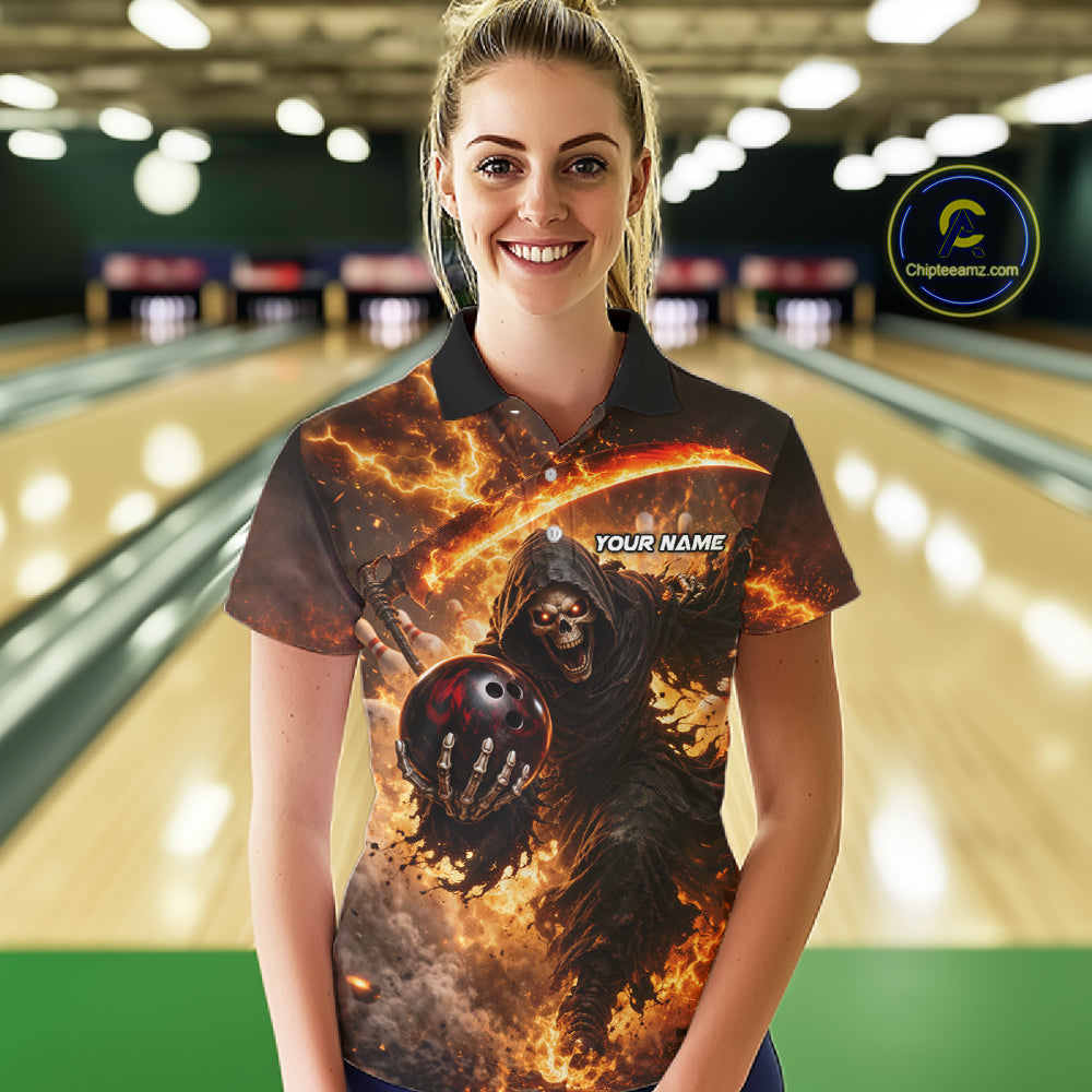 Orange Grim Reaper Fire Smoke Bowling Jersey Custom Bowling Team Shirt Polo & 1/4 Zip
