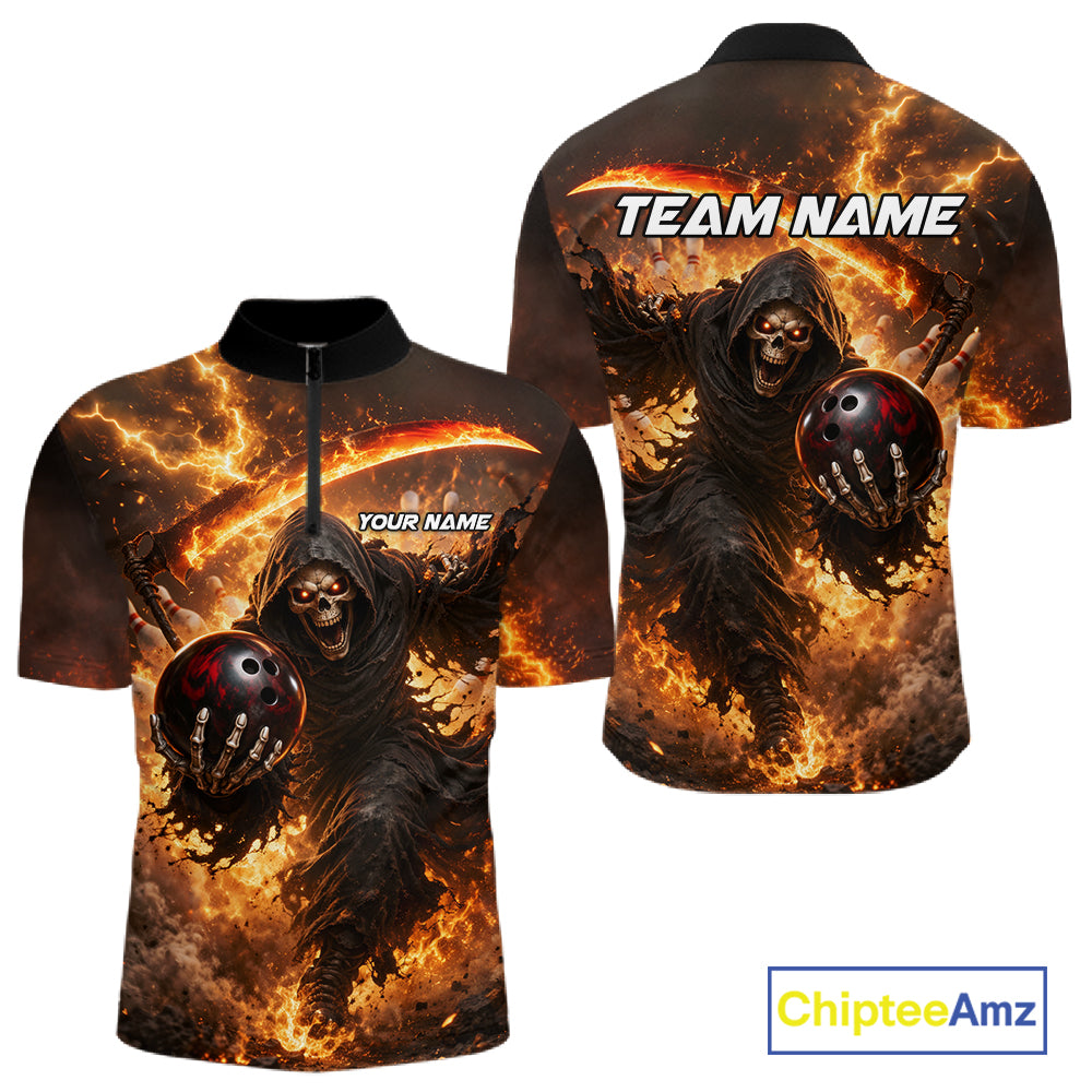 Orange Grim Reaper Fire Smoke Bowling Jersey Custom Bowling Team Shirt Polo & 1/4 Zip