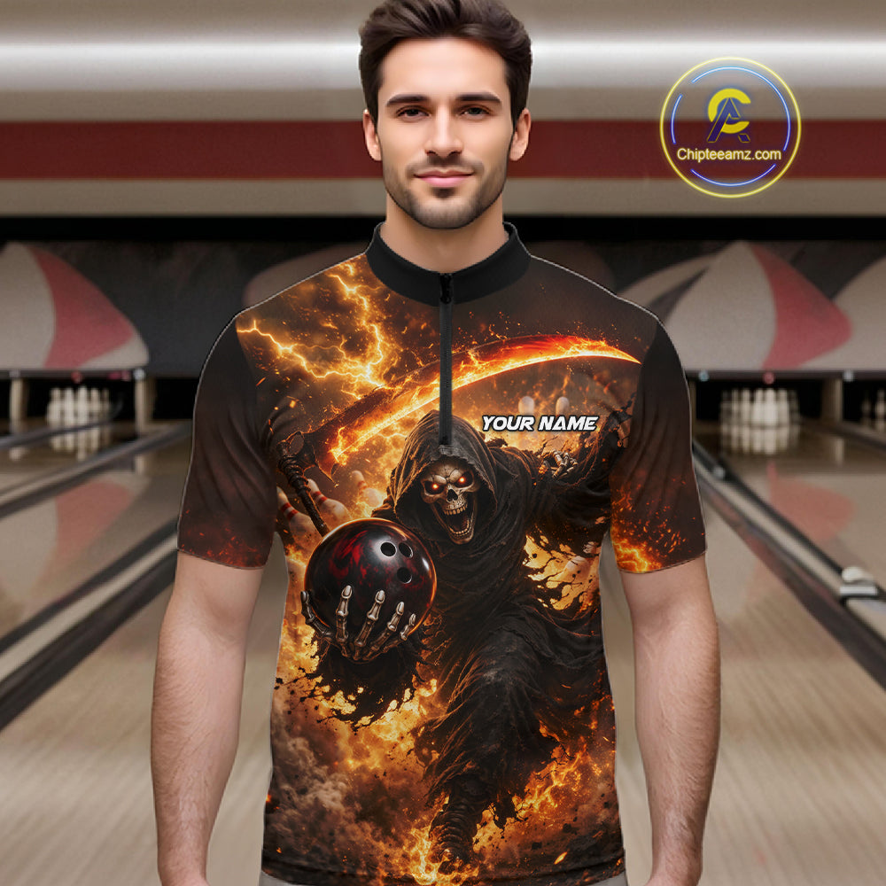 Orange Grim Reaper Fire Smoke Bowling Jersey Custom Bowling Team Shirt Polo & 1/4 Zip