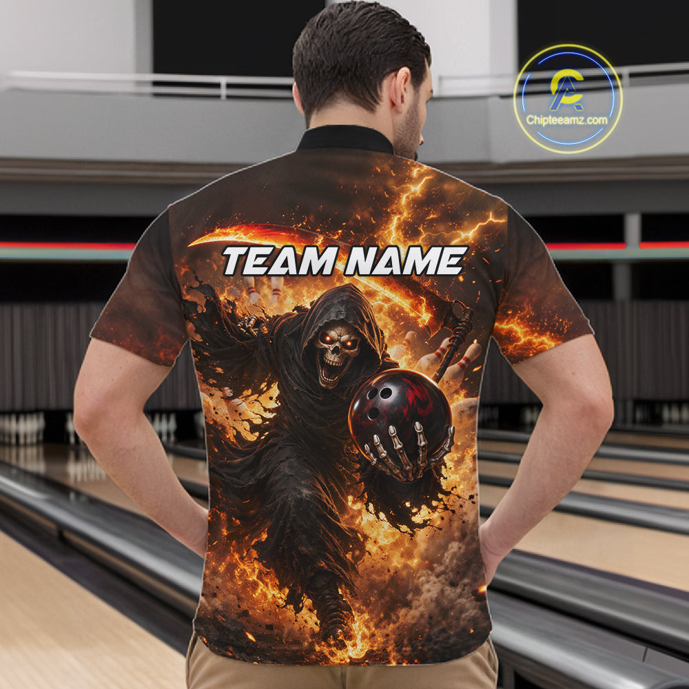 Orange Grim Reaper Fire Smoke Bowling Jersey Custom Bowling Team Shirt Polo & 1/4 Zip