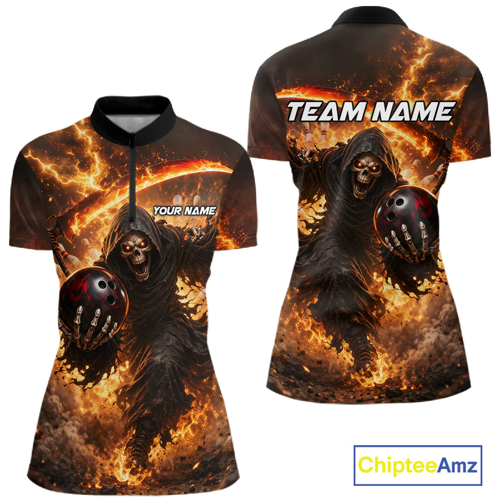Orange Grim Reaper Fire Smoke Bowling Jersey Custom Bowling Team Shirt Polo & 1/4 Zip