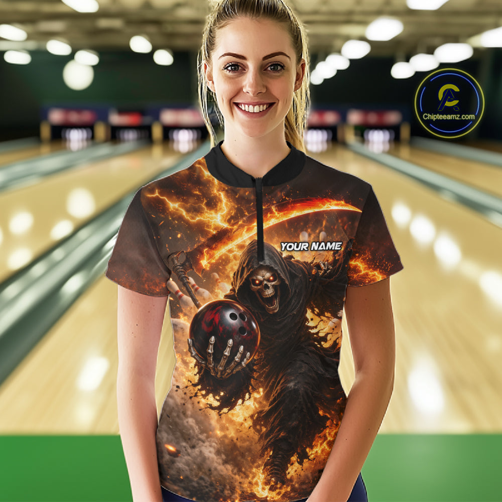Orange Grim Reaper Fire Smoke Bowling Jersey Custom Bowling Team Shirt Polo & 1/4 Zip