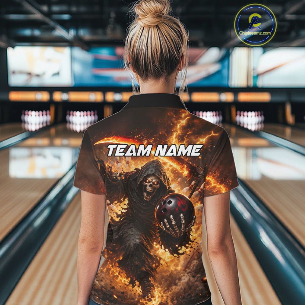 Orange Grim Reaper Fire Smoke Bowling Jersey Custom Bowling Team Shirt Polo & 1/4 Zip