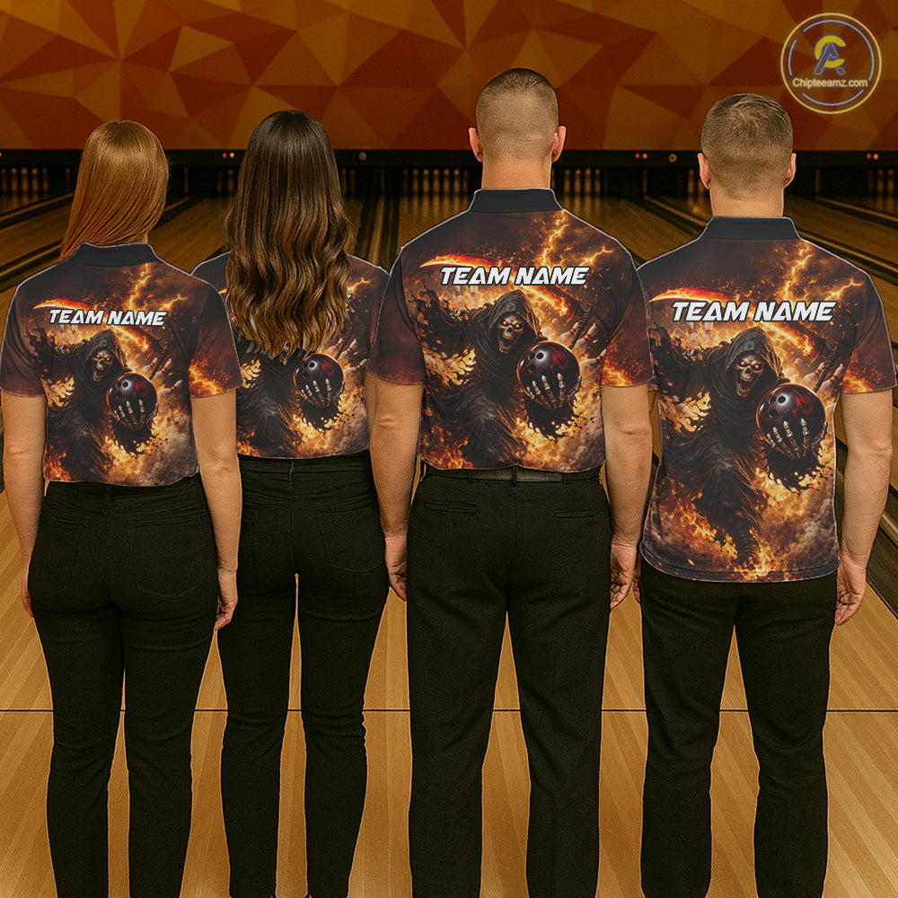 Orange Grim Reaper Fire Smoke Bowling Jersey Custom Bowling Team Shirt Polo & 1/4 Zip