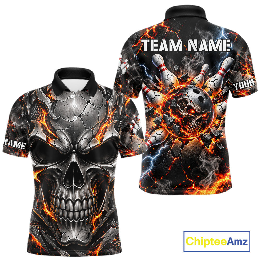 Custom Metal Skull Bowling Jersey Personalized Fire Bowling Shirt, Bowling Team Uniform