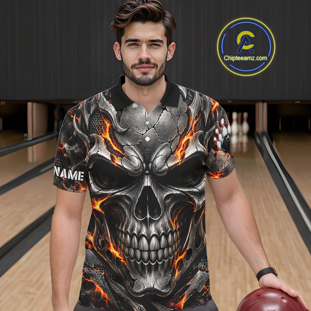 Custom Metal Skull Bowling Jersey Personalized Fire Bowling Shirt, Bowling Team Uniform