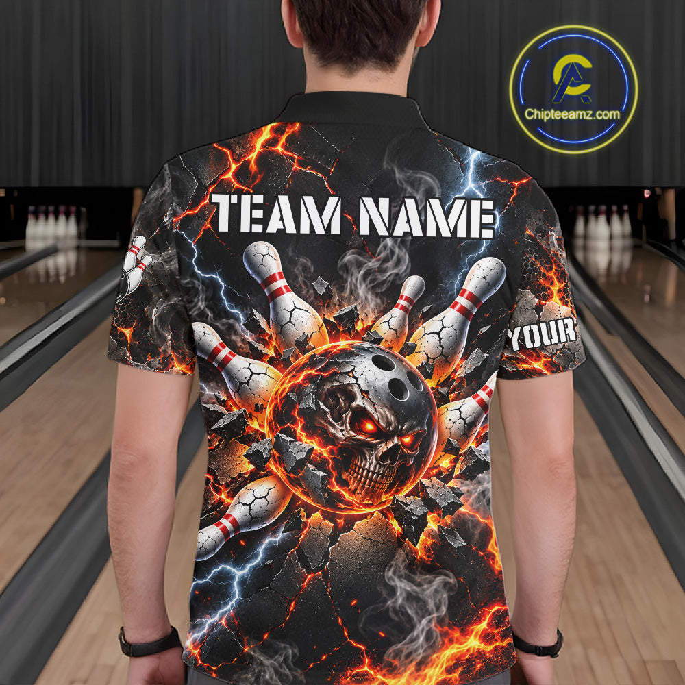 Custom Metal Skull Bowling Jersey Personalized Fire Bowling Shirt, Bowling Team Uniform