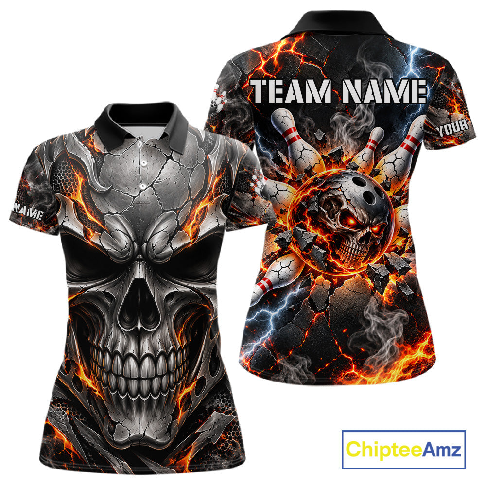 Custom Metal Skull Bowling Jersey Personalized Fire Bowling Shirt, Bowling Team Uniform