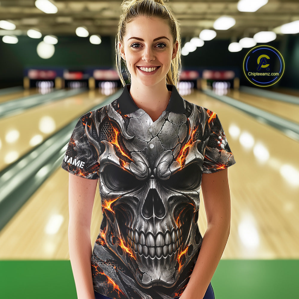 Custom Metal Skull Bowling Jersey Personalized Fire Bowling Shirt, Bowling Team Uniform