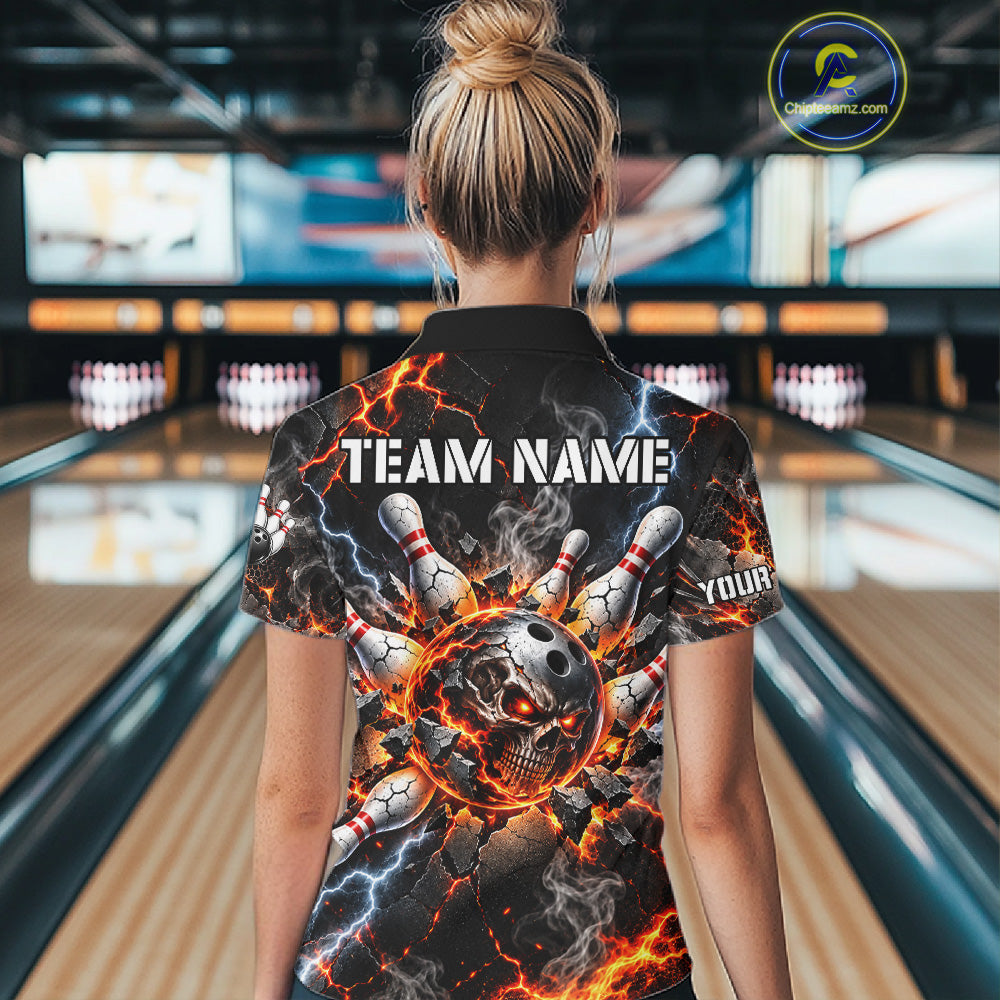 Custom Metal Skull Bowling Jersey Personalized Fire Bowling Shirt, Bowling Team Uniform