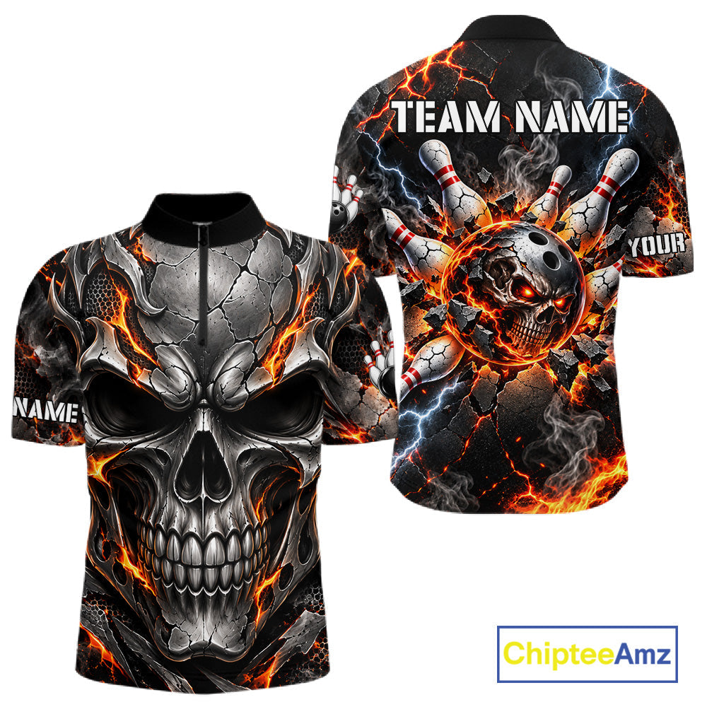 Custom Metal Skull Bowling Jersey Personalized Fire Bowling Shirt, Bowling Team Uniform