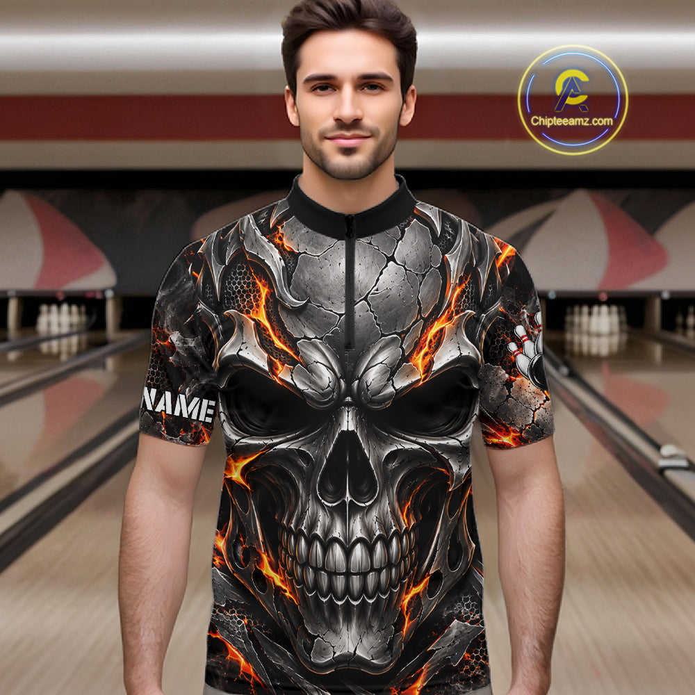 Custom Metal Skull Bowling Jersey Personalized Fire Bowling Shirt, Bowling Team Uniform