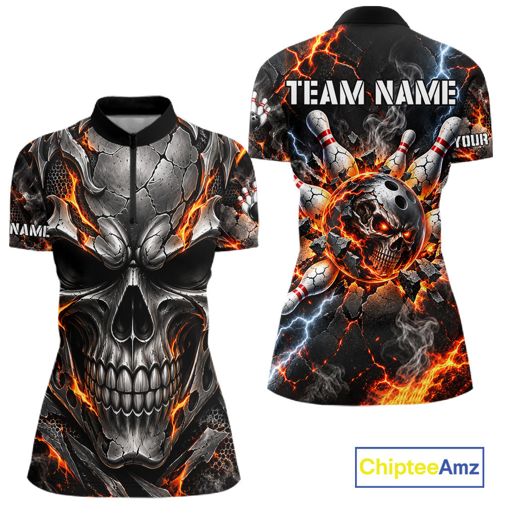 Custom Metal Skull Bowling Jersey Personalized Fire Bowling Shirt, Bowling Team Uniform