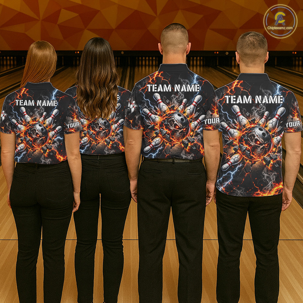 Custom Metal Skull Bowling Jersey Personalized Fire Bowling Shirt, Bowling Team Uniform