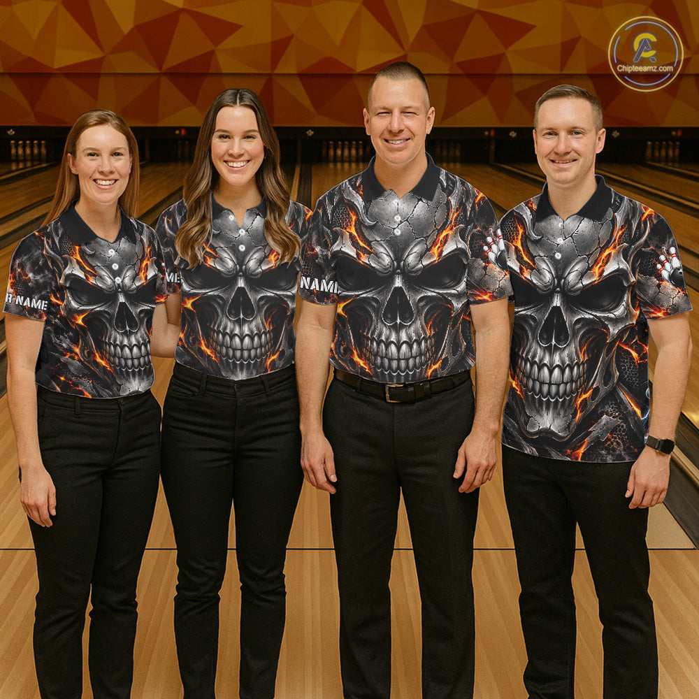 Custom Metal Skull Bowling Jersey Personalized Fire Bowling Shirt, Bowling Team Uniform