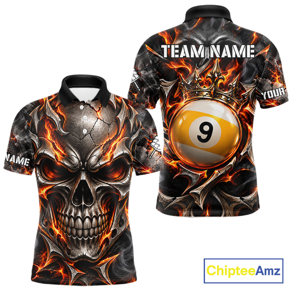 Custom Metal Skull Crown 9 Ball Pool Fire Billiard Shirts, Billiard League Team Jersey
