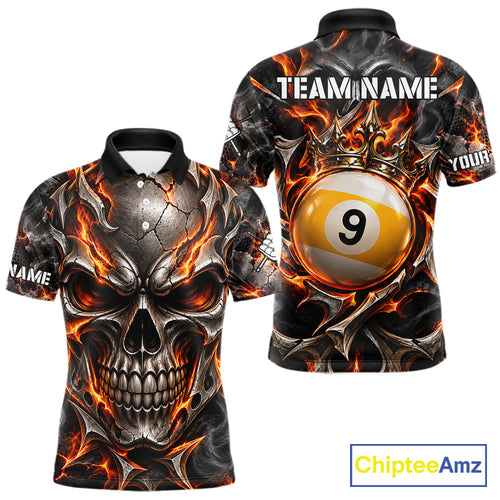 Custom Metal Skull Crown 9 Ball Pool Fire Billiard Shirts, Billiard League Team Jersey