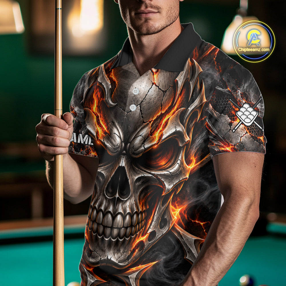 Custom Metal Skull Crown 9 Ball Pool Fire Billiard Shirts, Billiard League Team Jersey