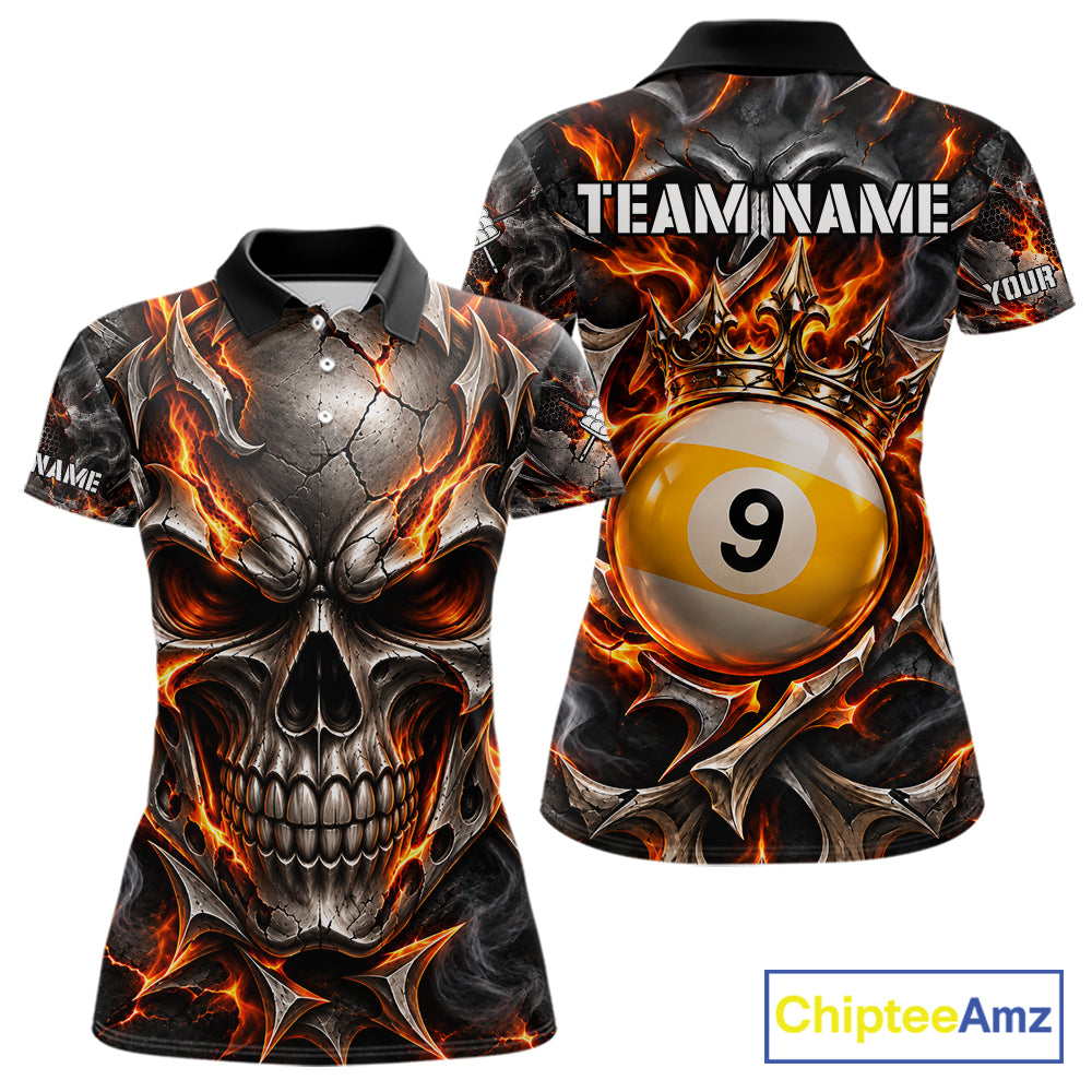 Custom Metal Skull Crown 9 Ball Pool Fire Billiard Shirts, Billiard League Team Jersey