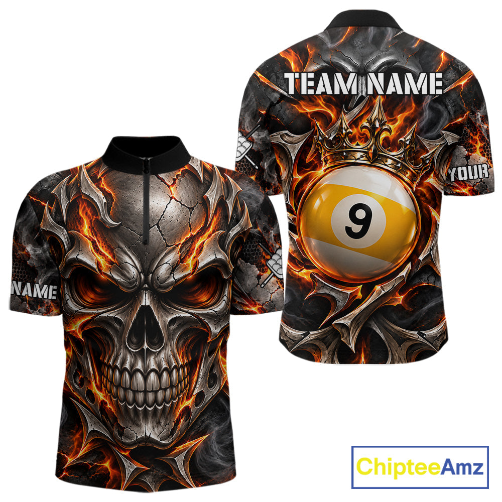 Custom Metal Skull Crown 9 Ball Pool Fire Billiard Shirts, Billiard League Team Jersey