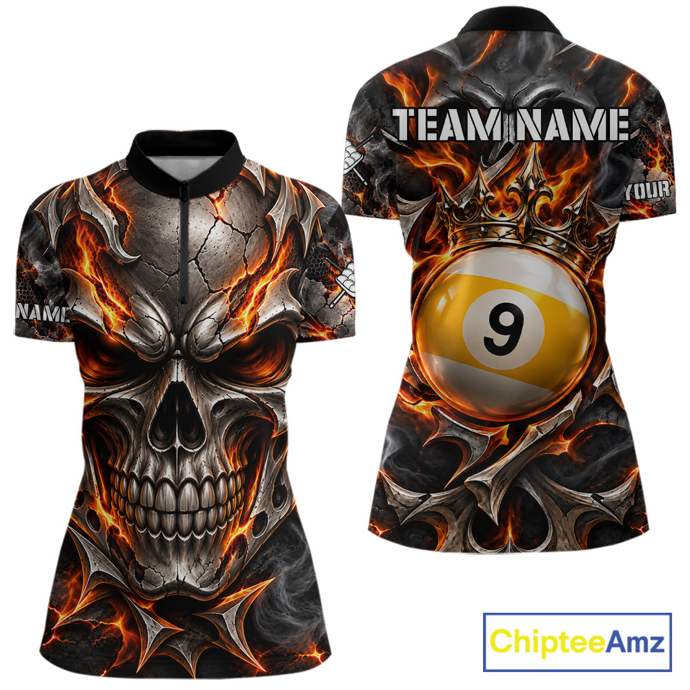 Custom Metal Skull Crown 9 Ball Pool Fire Billiard Shirts, Billiard League Team Jersey