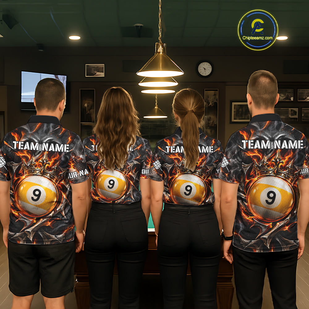 Custom Metal Skull Crown 9 Ball Pool Fire Billiard Shirts, Billiard League Team Jersey