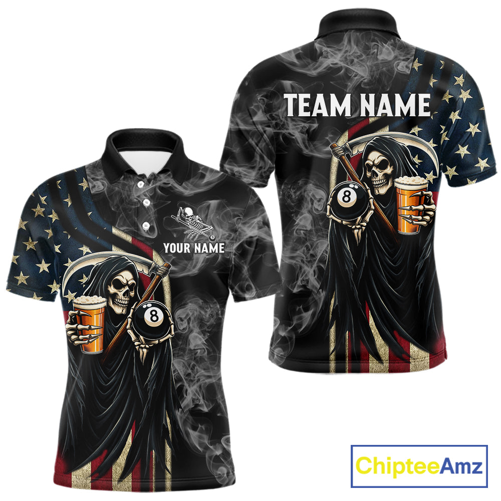 US Flag Grim Reaper Smoke Billiard Shirt Custom 8 Ball Pool Team Jersey Polo & 1/4 Zip