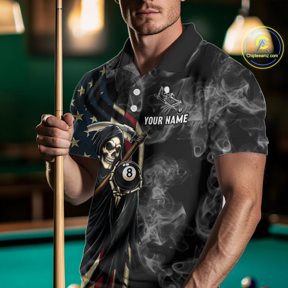 US Flag Grim Reaper Smoke Billiard Shirt Custom 8 Ball Pool Team Jersey Polo & 1/4 Zip